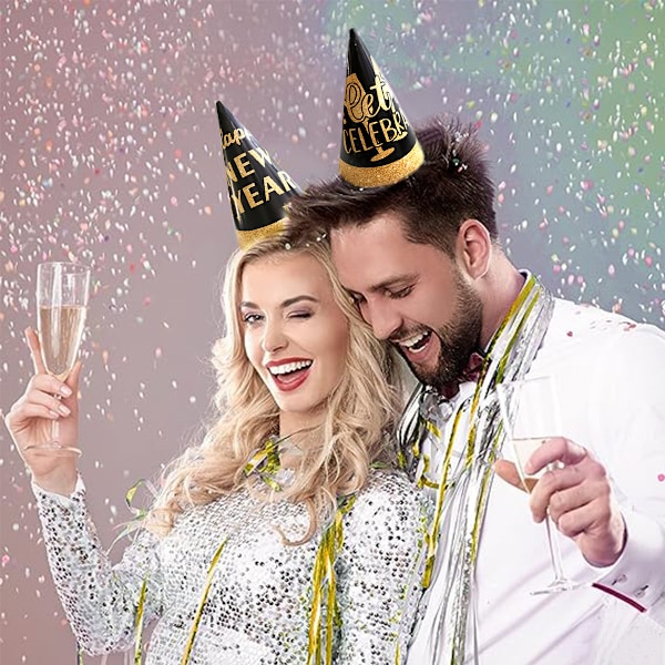 12 stycken Nyårsfesttillbehör 2025 Svarta och Gyllene Partyhattar för Glad Nyårspresent Nyårsafton