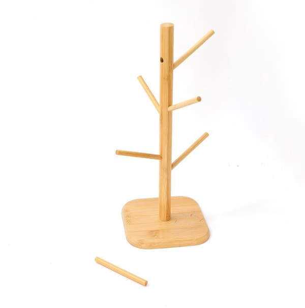 Coffee Mug Holder Bamboo - 6 Hooks - Space Saving - Stable - For Kitchen Counter or Coffee Bar