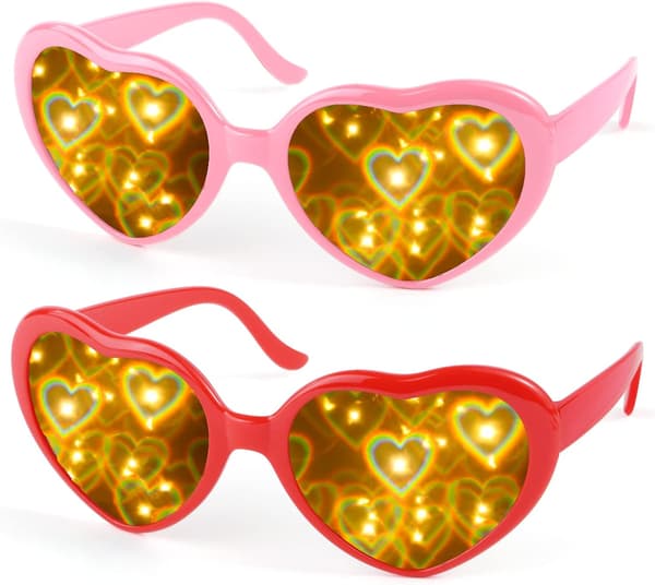 (Red, one piece pink) 2 pcs 3D Special Effects Heart Glasses,