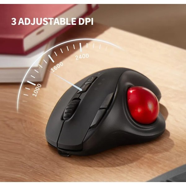 2.4G Sort Trådløs Ergonomisk Trackball Mus, Bluetooth Rollerball Mus, 3 Justerbar DPI, Kompatibel med PC, Bærbar