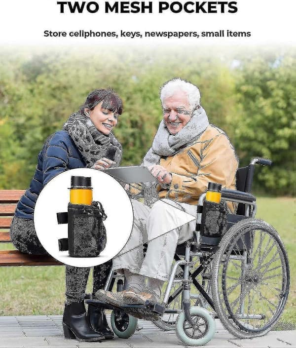 Kopholder til rollator, kørestol, kopholder, universal drikkevareholder, vandflaskeholder med net