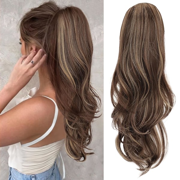 Hestehale Extensions, 55 cm Lang Snørestrikk Bølgete Clip-in Hestehale Hårextensions Blond & Medium Brun Lagdelt Syntetisk Hårdel for Kvinner