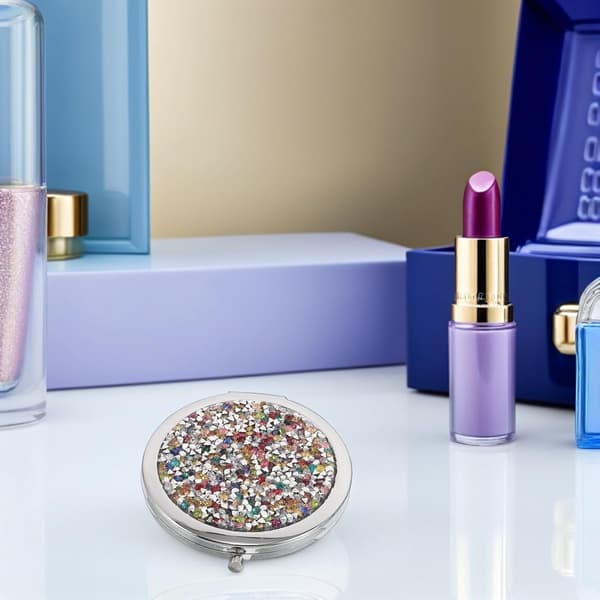 4 Pcs Portable Pocket Mirrors with Crystal Rhinestones, Double-Sided Round Compact Makeup Mirrors, Silver