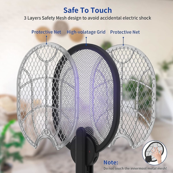 2 i 1 elektrisk flugsmällare och sladdlös myggdödarlampa för inomhus och utomhus, laddningsbar insektsfälla med LED-attraherande ljus, 3-lagers säkerhet
