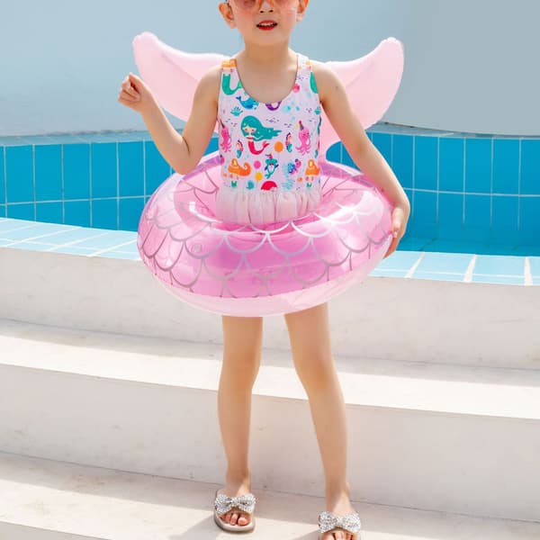 Inflatable Swim Ring PVC Thicker Pink Fishtail Shape Pool Float for 3 to 8 Year Olds