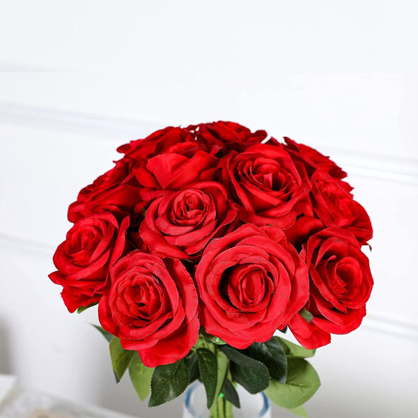 12-pack Konstgjorda röda rosor Blommor Siden Realistiska blommande rosor Brudbröllopsbukett Lång stjälk för hembröllopsdekoration Festas red