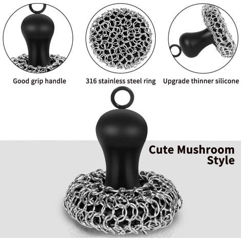 Cast Iron Cleaning Brush with Scraper, Improved Cast Iron Cleaning Set with Chainmail Scrubber