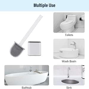 Silicone Toilet Brush and Holder with Dual Base, Quick-Drying Stand, Soft Wall-Mounted Vertical Bathroom Brush, White