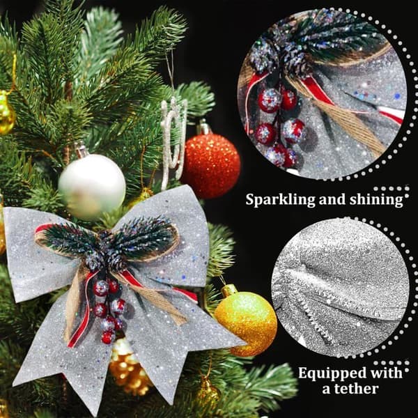 Set med 5 silverfärgade julrosetter, glitterrosetter med kottar, julbandrosetter