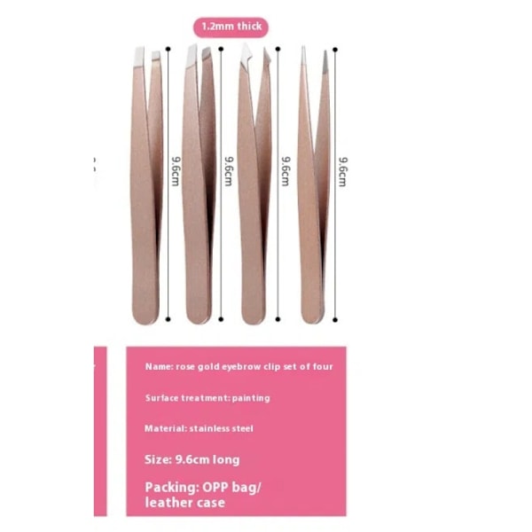 4 stk. rosaguld øjenbrynspincet, fjernelse af overskydende hår, skridsikker, øjenhårformning, rustfrit stål, rustfri makeup