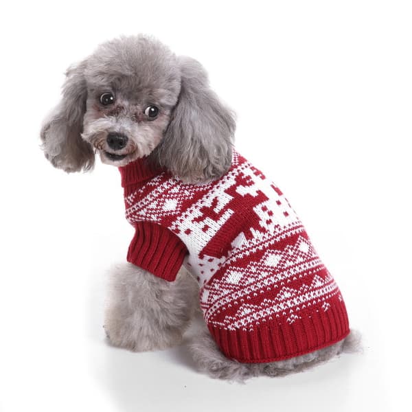 M, Red Dog Sweater with Jacquard Pattern, Knitted Model for Pets