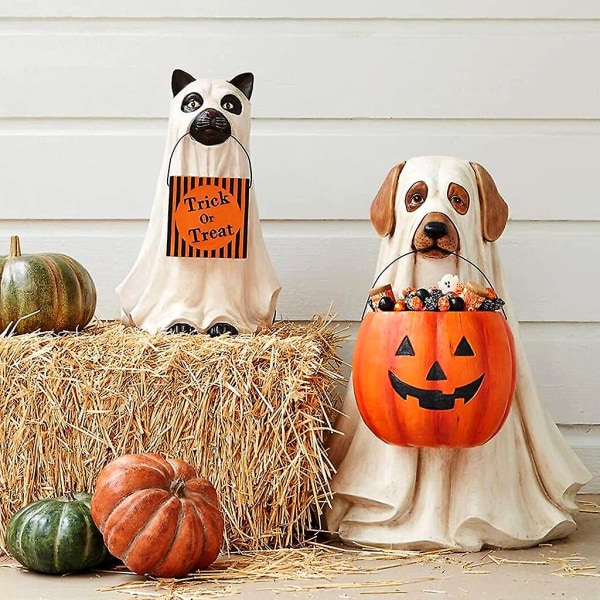 Kreativ Halloween-staty av hund och katt med pumpa-godisbehållare, godisfat, hartsdekoration, trick-or-treat-festdekoration, hund