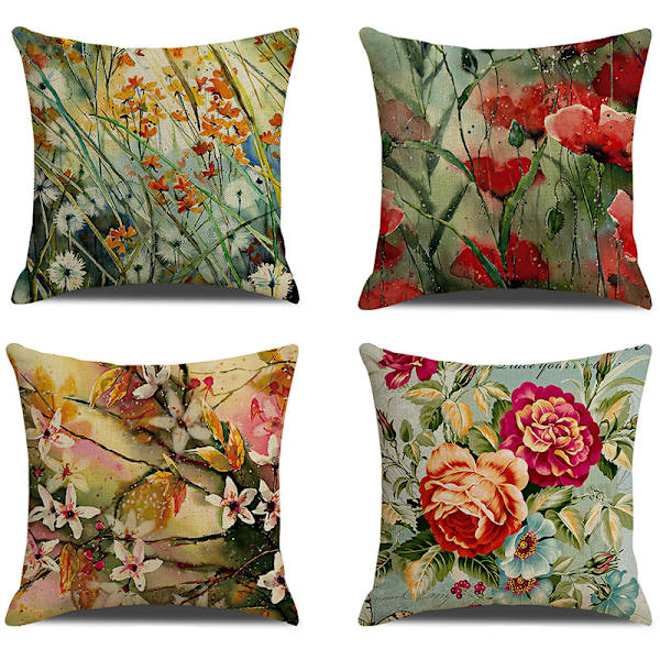 4 Pack Vattentäta Utekuddar Överdrag 18x18 Tum Linne Trädgårdskuddfodral Vintage Röda Blommiga Dekorativa Kuddfodral