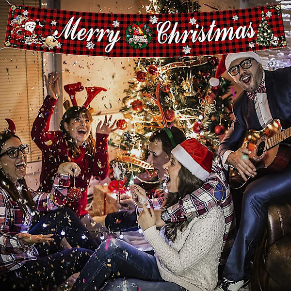 Stor \"God Jul\" Banner - Röd Julskylt Med Snögubbe - Inomhus- Och Utomhusdekoration