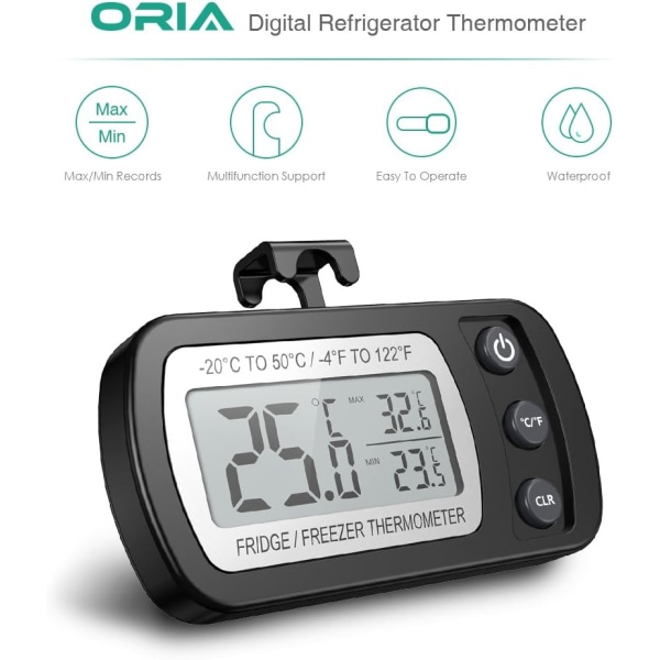 Køleskabs-termometer LCD-display Digital Vandtæt Fryser-termometer med Magnetisk Krog Køleskabs-termometer Sort (-20~50℃)