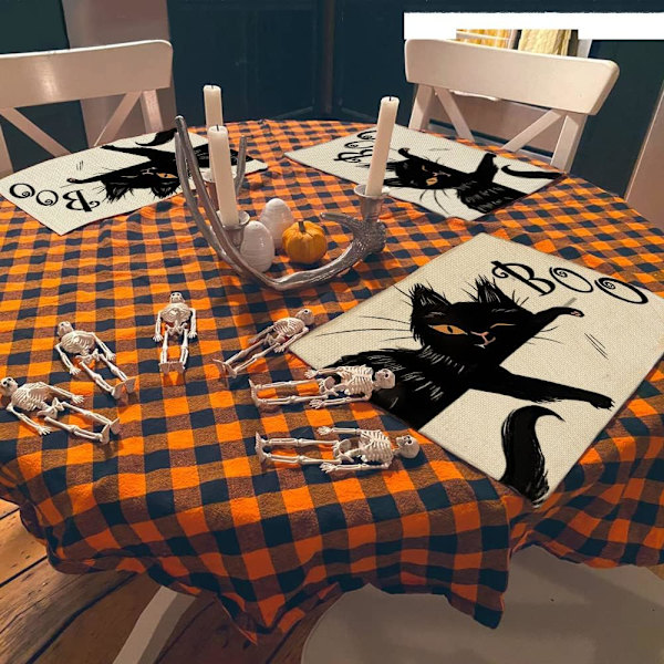 Halloween-dekorasjoner Katt Plassmatter Sett med 4 Festdekor Rustikk Vintage Vaskbare Bordmatter