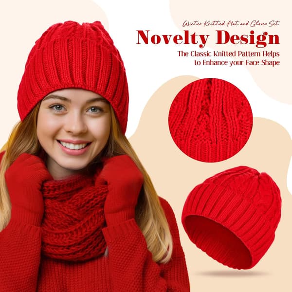 Vinterhue Handsker Sæt Strikket Fleece Blødt Foret Rød Red