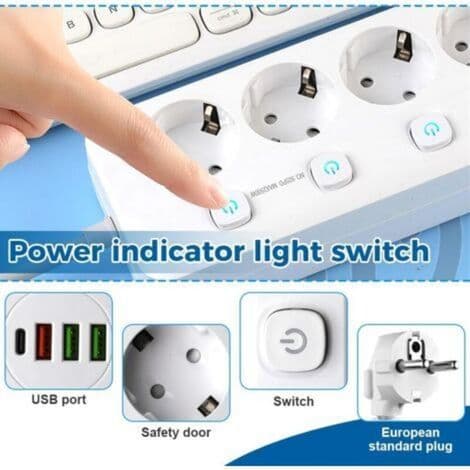 Power strip with individual switches, 4 USB-C sockets (3 USB-A + 1 USB-C), wall-mounted multi-plug for home, office or kitchen, 2M-White