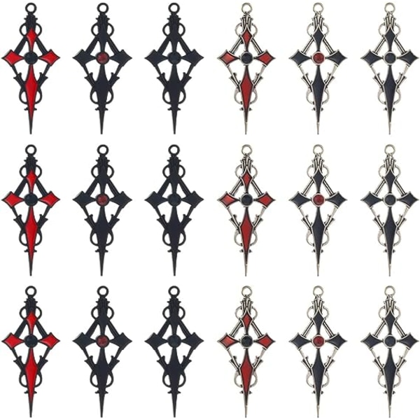 24 stk 6 farger Gothic Cross Charms Bulk Halloween Rød Svart Rosenkrans Sølv Legering Rhinestone Emalje Kryss Charm for Jewel