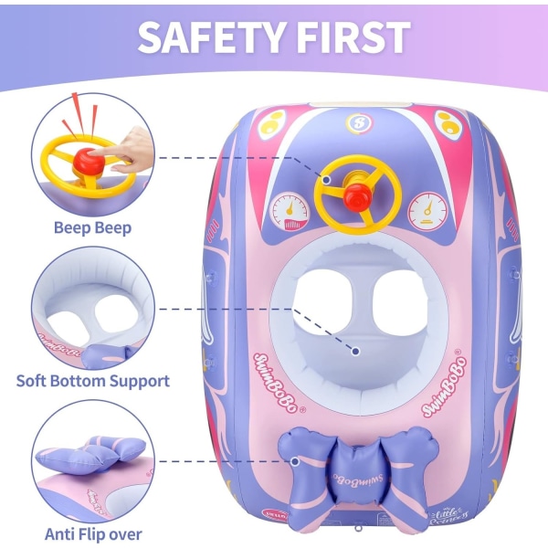 Småbarnsbassengflott, oppblåsbar bil, babybadeflåte med justerbar solskjerm og sikkerhetssete, bassengleker for småbarn