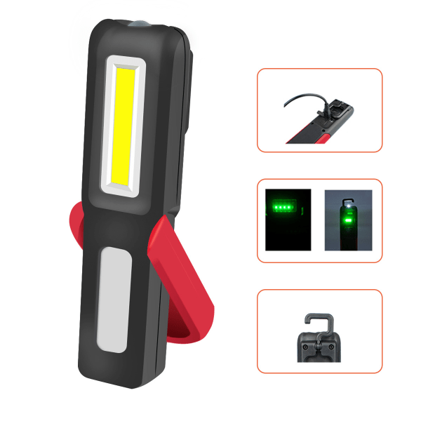 Punainen työvalo, USB-ladattava LED-käsilamppu, COB-mekaaninen tarkastuslamppu autojen korjaukseen, autotalliin, leirintään