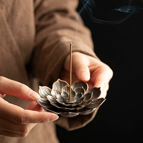 Lotus Røgelse Holder Multi-Layer Stick Røgelse Brænder Askefanger til indendørs udendørs brug (2 stk, bronze)