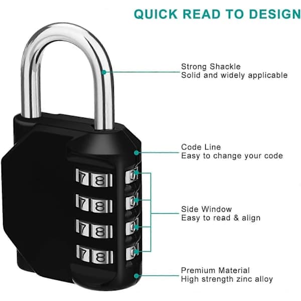 Combination Padlock, 4-Digit Combination Padlock, Gym Lock, School Lock, Weatherproof Outdoor Combination Lock (Black)