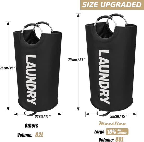 Maxsilan 115L Large Laundry Basket, Freestanding Tall Clothes Hamper, Foldable Laundry Bag, Black