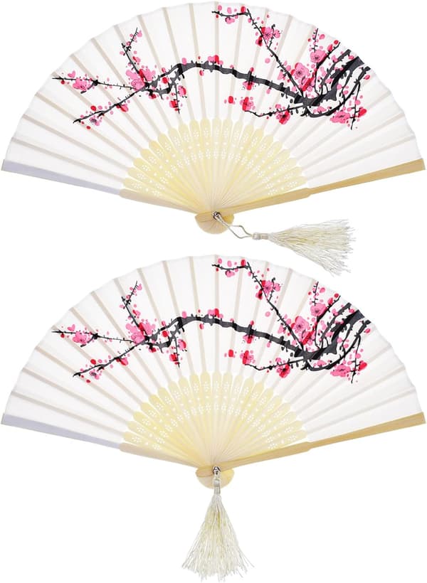 (Set med 2) Bambu Vikbara Handfläktar med Snöre för Kvinnor, Väggdekoration eller Present