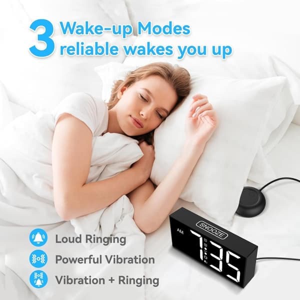Powerful Vibrating Alarm Clock with Bed Shaker, Dual Alarms, USB Charger, Large Display, Easy to Adjust