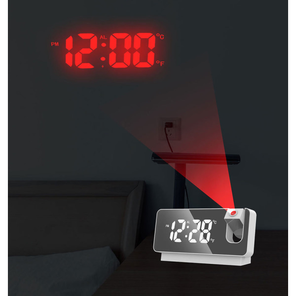 Projektionsväckarklocka i taket, LED digital klocka för sovrum, USB laddare, 180° projektor, 12/24H, DST, Högt elektriskt larm