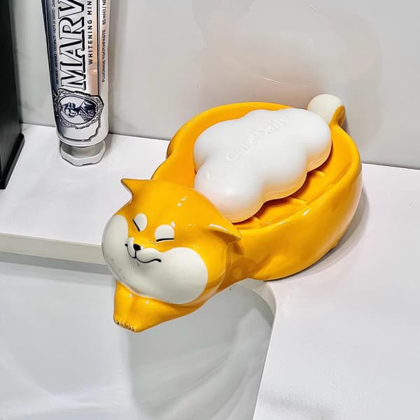 Creative Cartoon Ceramic Shiba Inu Soap Dish - Self-Draining Soap Holder for Bathroom