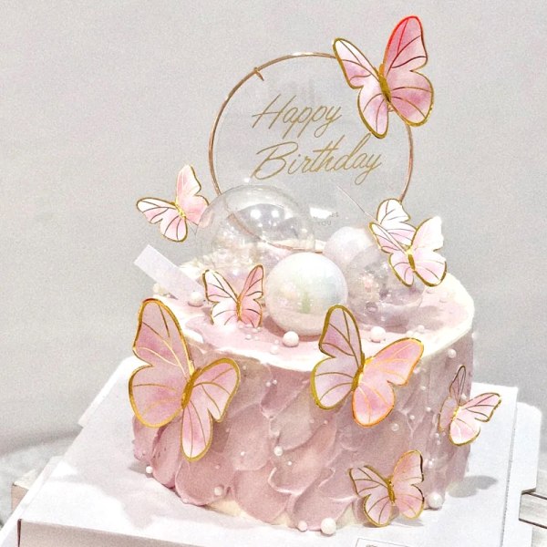 Pink Butterfly Cake Topper, Butterfly Cake Topper för Grattis på födelsedagen Cupcakes, Flickor Kvinnor Födelsedagstårta Topper