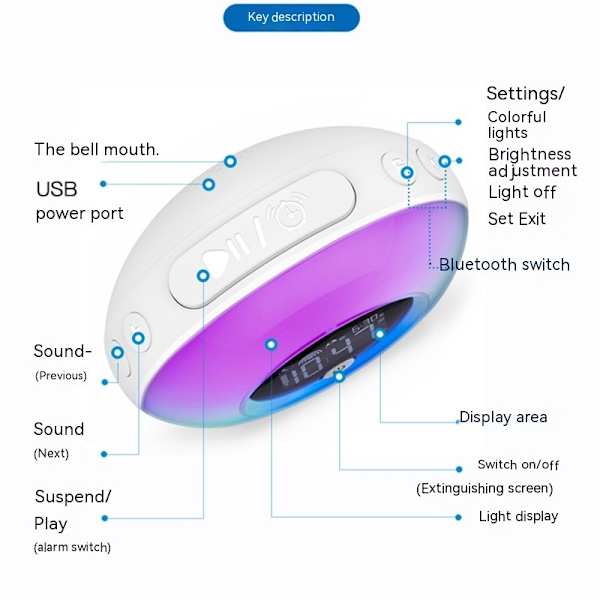 Vekkeklokke med lys, Bluetooth-høyttaler, fargerikt nattlys, digital alarm for soverom - Vekkeklokke med lys Bluetooth Party