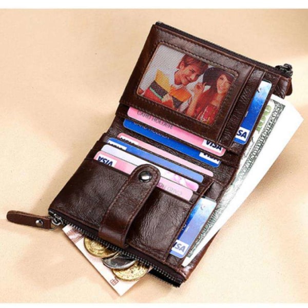(Svart) Herrplånbok Herrplånbok i äkta läder och myntficka med dragkedja Bifoldad plånbok med kedja Kreditkortshållare äkta