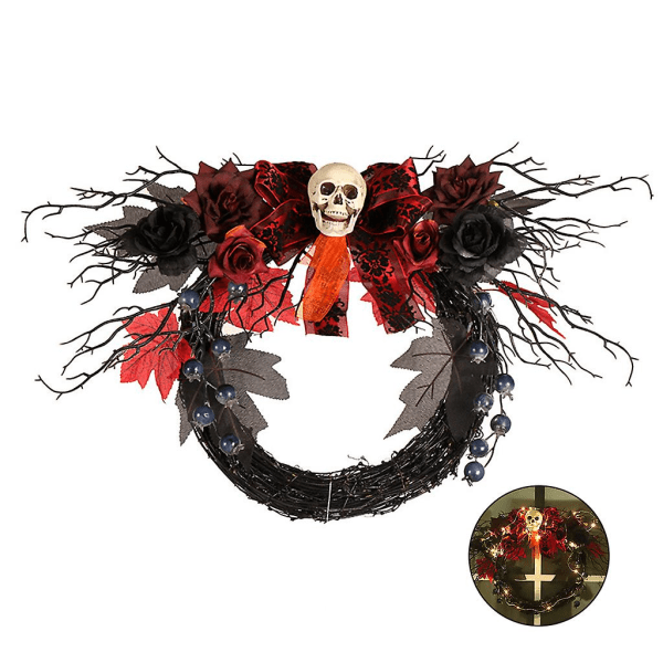 Halloween Scary Skull Door Seppele ja Tekoruusu kukka Mustikanlehti Nauha LED Valaisin Rottinkiseppele Koriste B