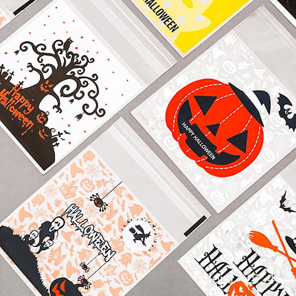 100 stk Halloween Slikpose Cookiesposer Selvklæbende Tegneserie Græskar Hexe Spøgelse Print Klar Snack Emballage Snackposer Græskar Fem Stjerner