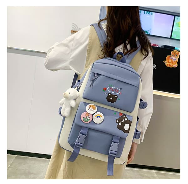 Five-piece School Bag Large Capacity Shoulder Bag Includes Bear Pendant-558 Blue