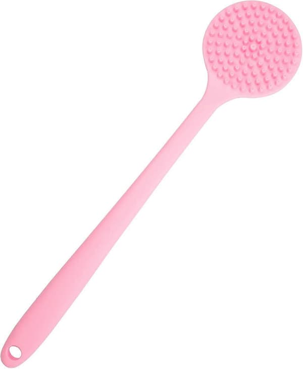 Silikonryggbørste for dusj, myk badekroppsbørste med langt håndtak (rosa)