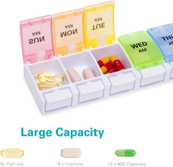 Weekly 7-Day Pill Organizer, Large Daily Pill Box with Easy Push-Button Design