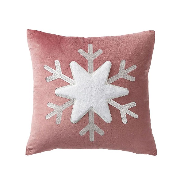 Julefløjlspude til jul 3d Plys Snefnug Applikation Broderi Sofa Dekoration Firkantet Pudebetræk Pink