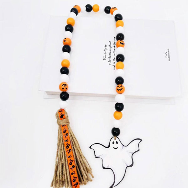 Halloween-pynt med treperler og frynser, gresskar og skummel skål, landlig stil C
