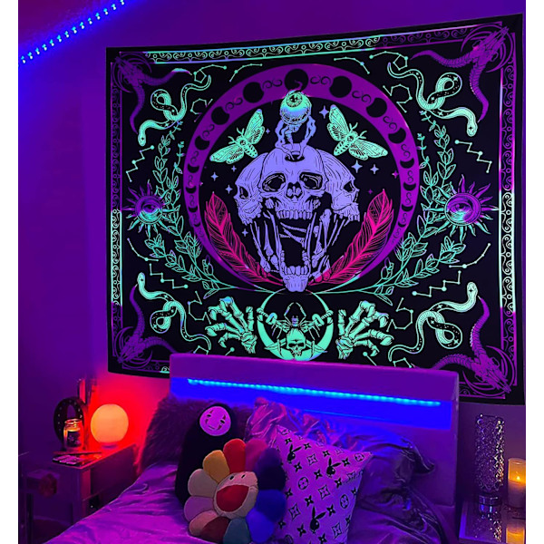 UV-reaktivt skjelettsveve, gløder i mørket festbakgrunn, svart lys trippy psykedelisk rom neon kule plakater for