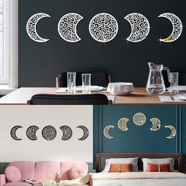 Sort 5-pak 3D Månefase Vægstickers Hjemmeindretning Stue Soveværelse Mural Kunst Dekaler DIY Håndværk Sort