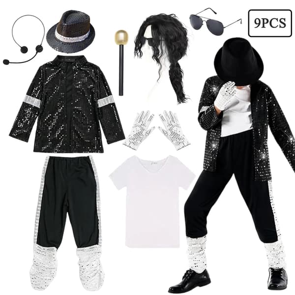 Barnedrakt Halloween Michael Jackson-inspirert danseforestillingsfestdrakt for gutter Sett D 7-8T(140) Set D 7-8T(140)
