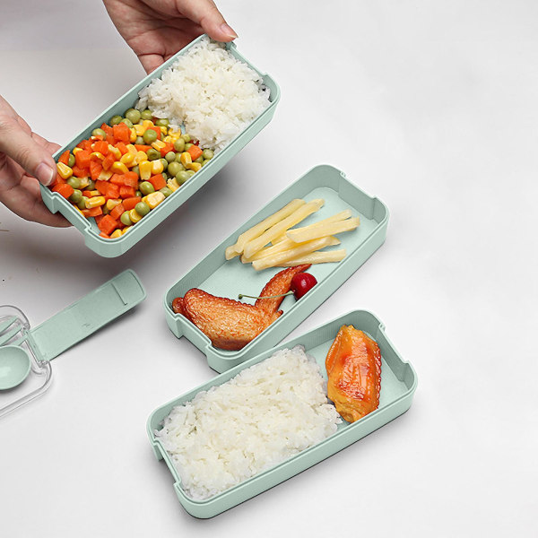 Stackbar Bentolåda, Lunchlåda-set med Sked & Gaffel, 3-i-1 Fack, Vetehalm Matlåda Light green
