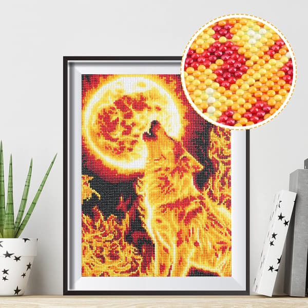 (30x40cm) 5D Diamantmalingssett, Full Drill Moon Fire Roaring Wolf Diamantkunst, DIY Komplett