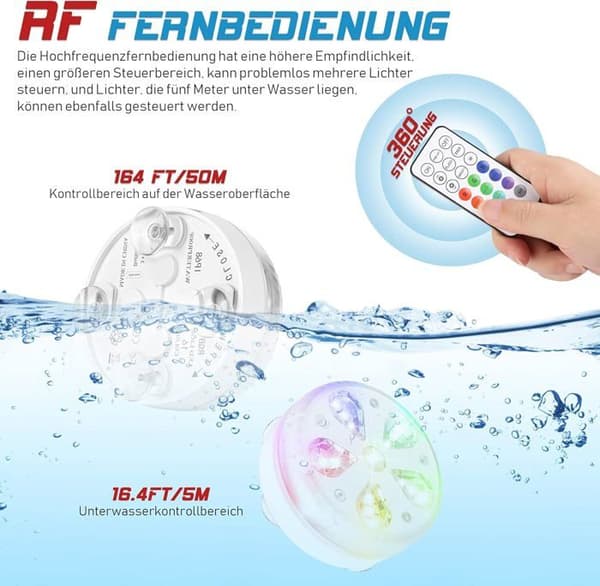 Garden Pool Submersible LED Pool Lighting, Waterproof with RF Remote Control, Timer, 16 LEDs, Suction Cup and Magnet