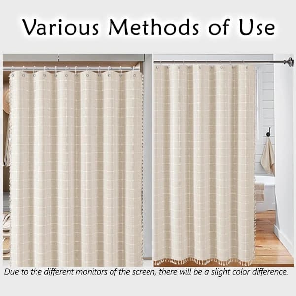 Rustic Polyester Linne Duschdraperi, Neutral Boho Randig Beige med Tofsar för Badrum - Bohemiskt Tygduschdraperi 183 x 183 cm