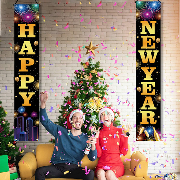 Gott Nytt År Banner 2025, 1 Par 71x12 tum Gott Nytt År Skylt, Hängande Gott Nytt År Bakgrund för Hem Portik Väggbanderoller
